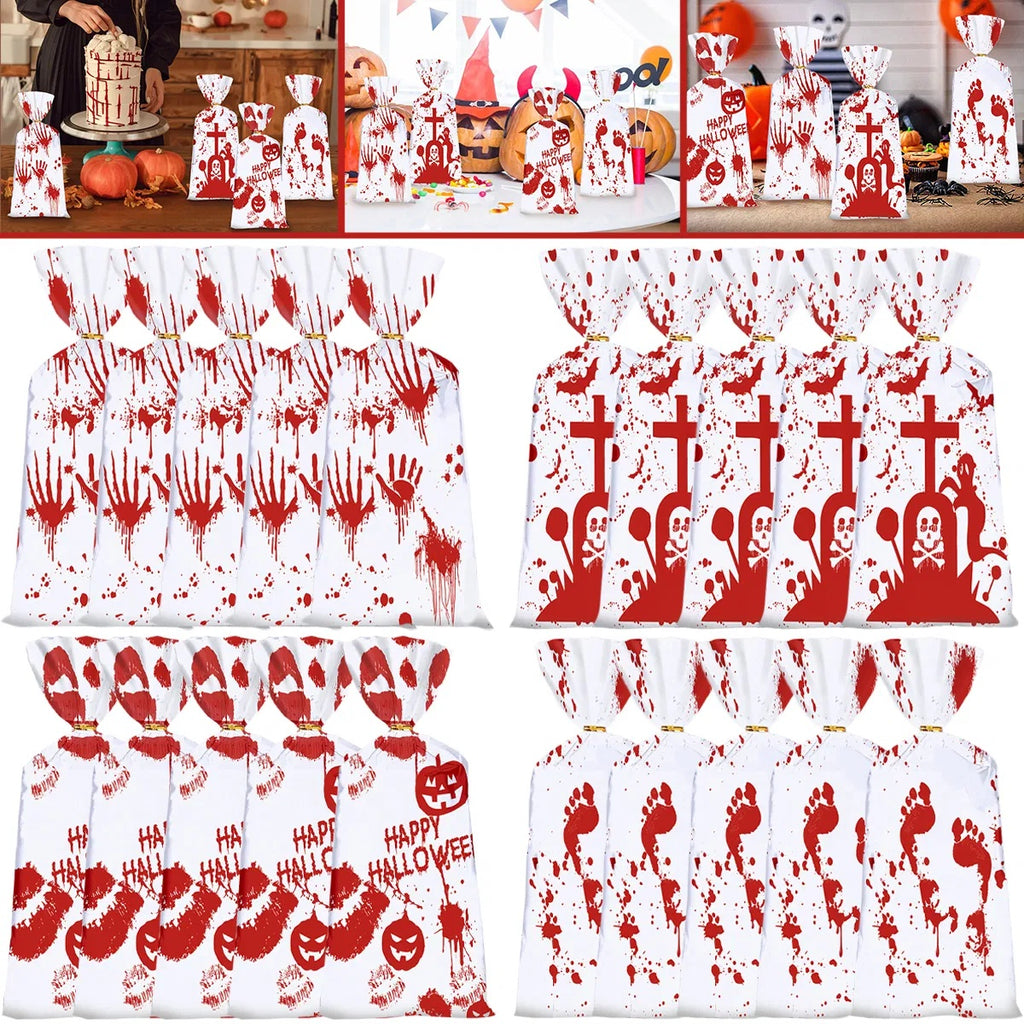 50pcs Halloween Cellophane Candy Bags – Bloody Treat Bags with Twist Ties for Party Snacks & Gifts