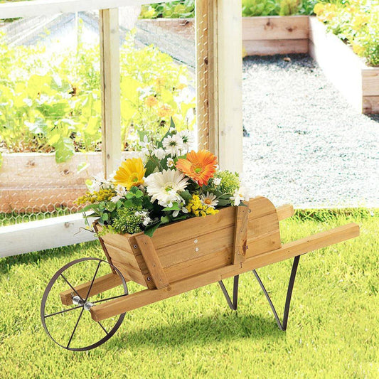 Wooden Wagon Planter – Rustic Pine Wood Garden Cart with 9 Magnetic Accessories for Yard & Outdoor Décor (Walnut Finish)