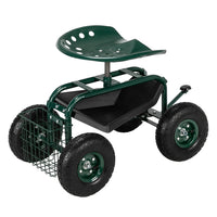 Garden Seat Cart – Deep Green Rolling Trolley with Adjustable 360° Swivel Seat, Tool Tray & Basket (330 lbs Capacity)
