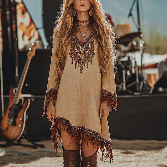 Retro Print Fringe Hem Dress – Boho Chic V-Neck Long Sleeve Asymmetrical Midi for Spring & Summer