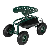 Garden Seat Cart – Deep Green Rolling Trolley with Adjustable 360° Swivel Seat, Tool Tray & Basket (330 lbs Capacity)