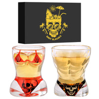 2‑Piece Skull Style Wine Glass Set – Black Muscle Man & Red Bikini Design for Bar, Party & Holiday Gifts