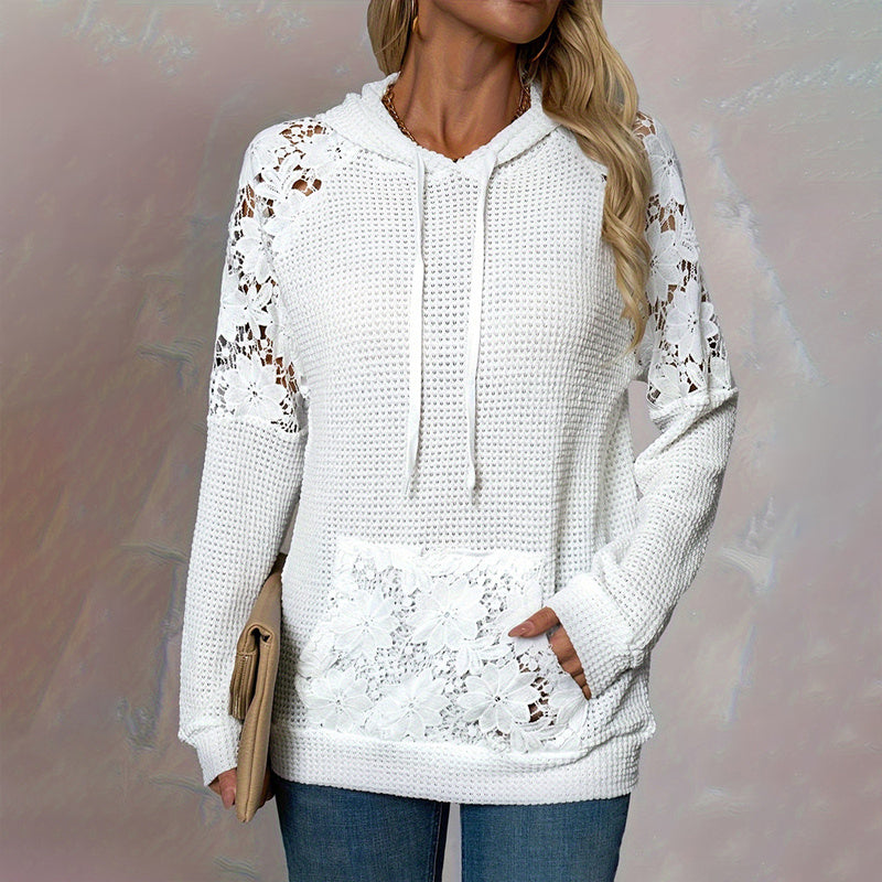 Women's Lace Sleeve Hoodie – Casual Pullover with Sheer Details & Large Lace Pockets