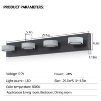LED Modern Black 4‑Light Vanity Light – Rotatable Acrylic Bathroom Wall Fixture with Dimmable 24W LEDs