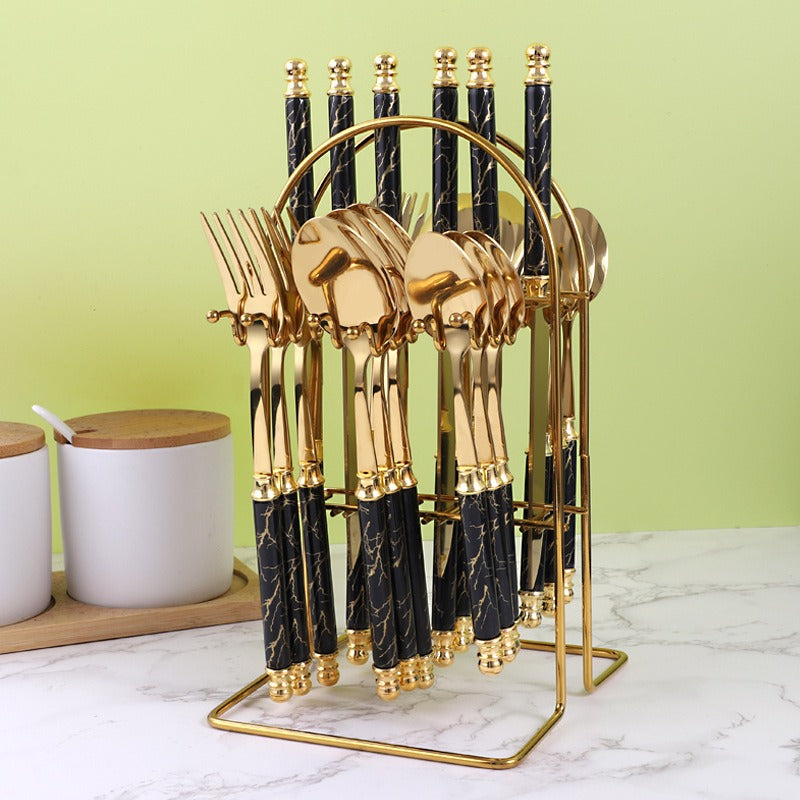24‑Piece Golden Tableware Set – European Style Hotel Flatware  410 Stainless Steel Knife, Fork, Spoon & Dessert Set