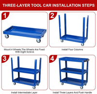3‑Tier Rolling Mechanic Tool Cart – Heavy‑Duty Steel Utility Cart with Lockable Wheels & 450 lbs Capacity (Blue)