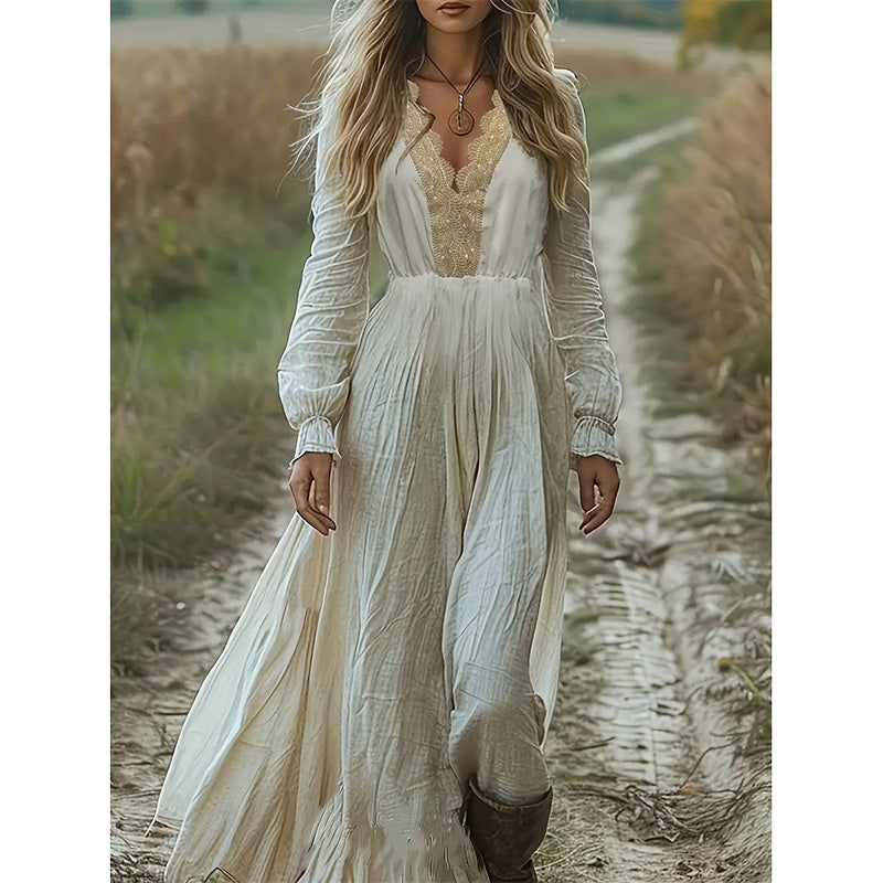 Elegant Floral Lace Maxi Dress – Bohemian V-Neck Long Sleeve Gown for Weddings & Special Occasions