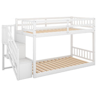 Twin Over Twin Floor Bunk Bed – White Finish, Built‑In Ladder & Storage Shelf  Space‑Saving Kids’ Room Solution