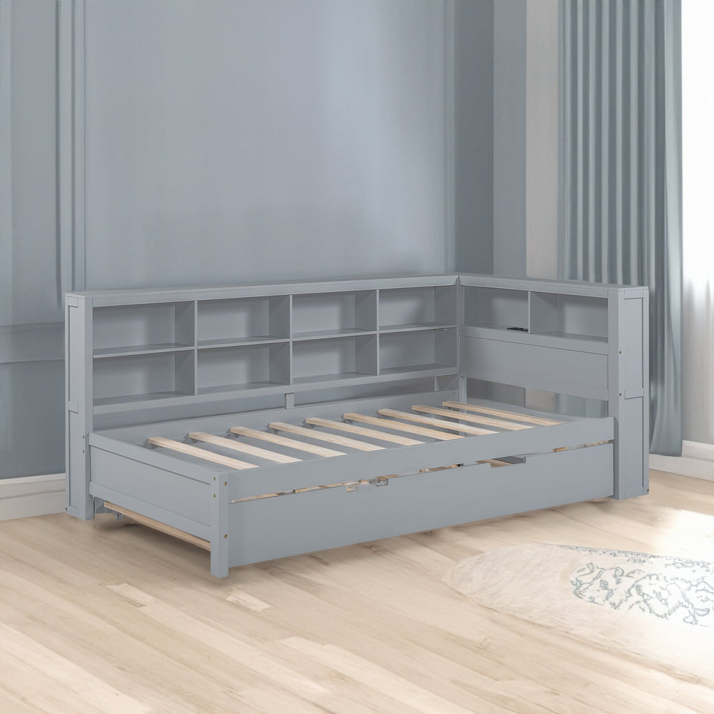 Twin Size Wooden Daybed with Trundle – Built‑In Shelf & USB Charging Ports, Space‑Saving Design in Grey Finish