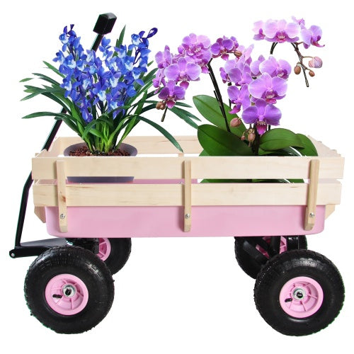 Outdoor Wagon – All‑Terrain Steel Pulling Cart with Wooden Railings, 10" Air Tires & Foldable Handle (Pink / Blue / Red)