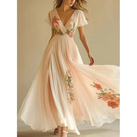 Floral Pleated Chiffon Maxi Dress – V-Neck Flutter Sleeve Beach & Wedding Guest Dress for Women