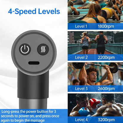 Professional Deep Tissue Massage Gun With Heat Therapy - 3 Interchangeable Heads, 5 Speed Levels, Rechargeable Percussion Muscle Relaxer For Back, Neck & Leg Pain Relief, USB-C Charging