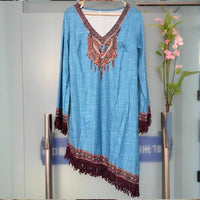 Retro Print Fringe Hem Dress – Boho Chic V-Neck Long Sleeve Asymmetrical Midi for Spring & Summer
