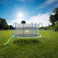12ft Backyard Trampoline with Slide, Swings & Basketball Hoop – ASTM‑Approved Outdoor Play Set for Kids & Adults