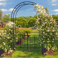 7ft Black Wrought Iron Garden Arch with Door – Double‑Decked Rounded Roof Trellis for Climbing Plants & Outdoor Décor