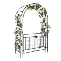 7ft Black Wrought Iron Garden Arch with Door – Double‑Decked Rounded Roof Trellis for Climbing Plants & Outdoor Décor