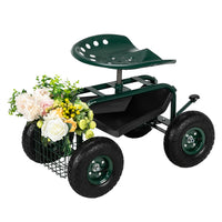 Garden Seat Cart – Deep Green Rolling Trolley with Adjustable 360° Swivel Seat, Tool Tray & Basket (330 lbs Capacity)