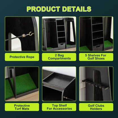 55.5 L X 16 W X 37 H In Wooden Golf Bag Organizer And Storage Rack,High Quality Wooden 2 Golf Bag Rack With Drawers,Easy To Assemble Golf Club Holder Stand With Club Holders On Side,Black