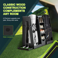 55.5 L X 16 W X 37 H In Wooden Golf Bag Organizer And Storage Rack,High Quality Wooden 2 Golf Bag Rack With Drawers,Easy To Assemble Golf Club Holder Stand With Club Holders On Side,Black