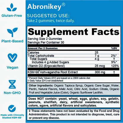 Abronikey Ashwagandha & Vitamin D Gummy-Mixed Berry, KSM-66, Vegan,PlantBased, Non-GMO, Gluten-Free & Gelatin Free