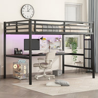 Metal Full XL Loft Bed – Space-Saving Frame with Built-In Power Outlet, LED Lighting & Noise-Reduced Design (Black)