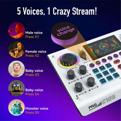 C100Pro Digital Sound Card – Portable Audio Interface with Real‑Time Voice Changer, Dual DSP, Noise Reduction & Reverb Control