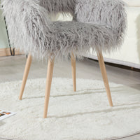 Grey Faux Fur Upholstered Chair – Makeup Vanity & Side Dining Accent with Beech‑Tone Metal Legs