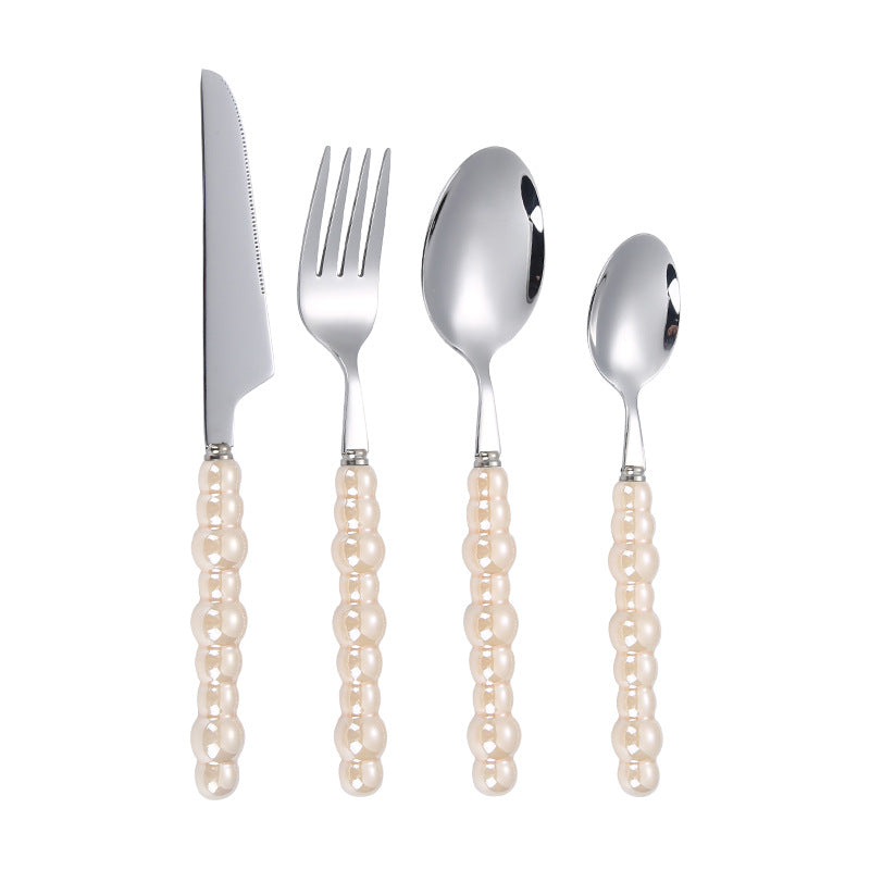 304 Stainless Steel Tableware Set – Knife, Fork & Spoon with Creative Pearl Ceramic Handles  Western Steak & Dessert Cutlery