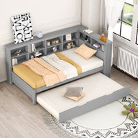 Twin Size Wooden Daybed with Trundle – Built‑In Shelf & USB Charging Ports, Space‑Saving Design in Grey Finish