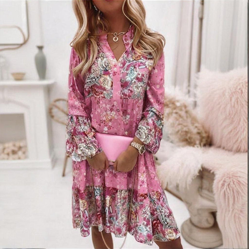 Plus Size Floral Patchwork Midi Dress – Button-Front Round Neck Spring & Summer Casual Dress for Women