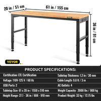 Workbench Adjustable Height,  2000 LBS Load Capacity, With Power Outlets & Hardwood Top & Metal Frame & Foot Pads, For Workshop Office Home