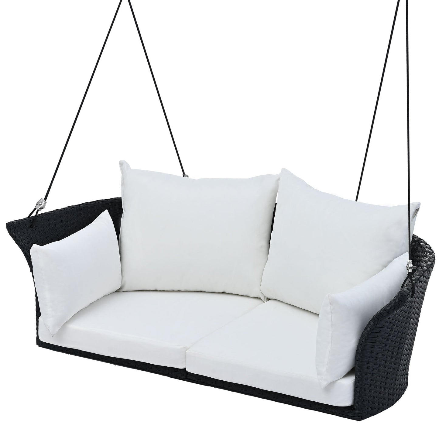 GO 51.9" 2‑Person Hanging Rattan Swing Chair – Black Wicker with White Cushions  Porch, Patio & Garden Seating