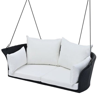 GO 51.9" 2‑Person Hanging Rattan Swing Chair – Black Wicker with White Cushions  Porch, Patio & Garden Seating