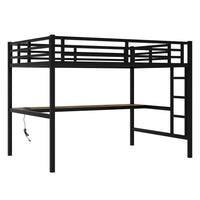 Metal Full XL Loft Bed – Space-Saving Frame with Built-In Power Outlet, LED Lighting & Noise-Reduced Design (Black)