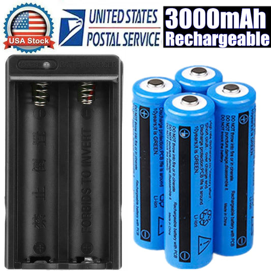 Li‑ion Rechargeable Battery & Dual Charger Kit – 4× 3000mAh 3.7V Batteries with LED Indicator (US Plug)