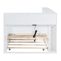 Twin Size Wooden Daybed with Trundle – White Finish, Built‑In Shelf & USB Charging Ports  Space‑Saving Guest & Kids’ Room Solution