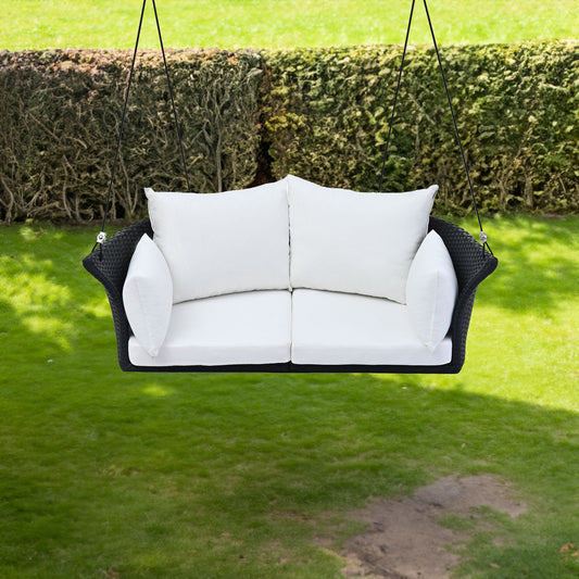 GO 51.9" 2‑Person Hanging Rattan Swing Chair – Black Wicker with White Cushions  Porch, Patio & Garden Seating