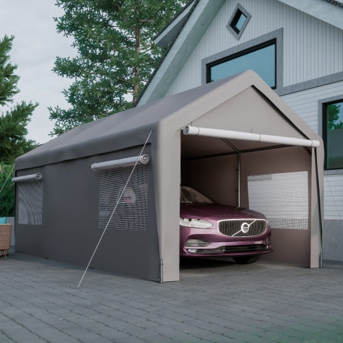 Carport Canopy 10×20 FT – Heavy Duty Boat & Car Garage with Removable Sidewalls, Roll‑Up Ventilated Windows & Galvanized Steel Frame (Grey)