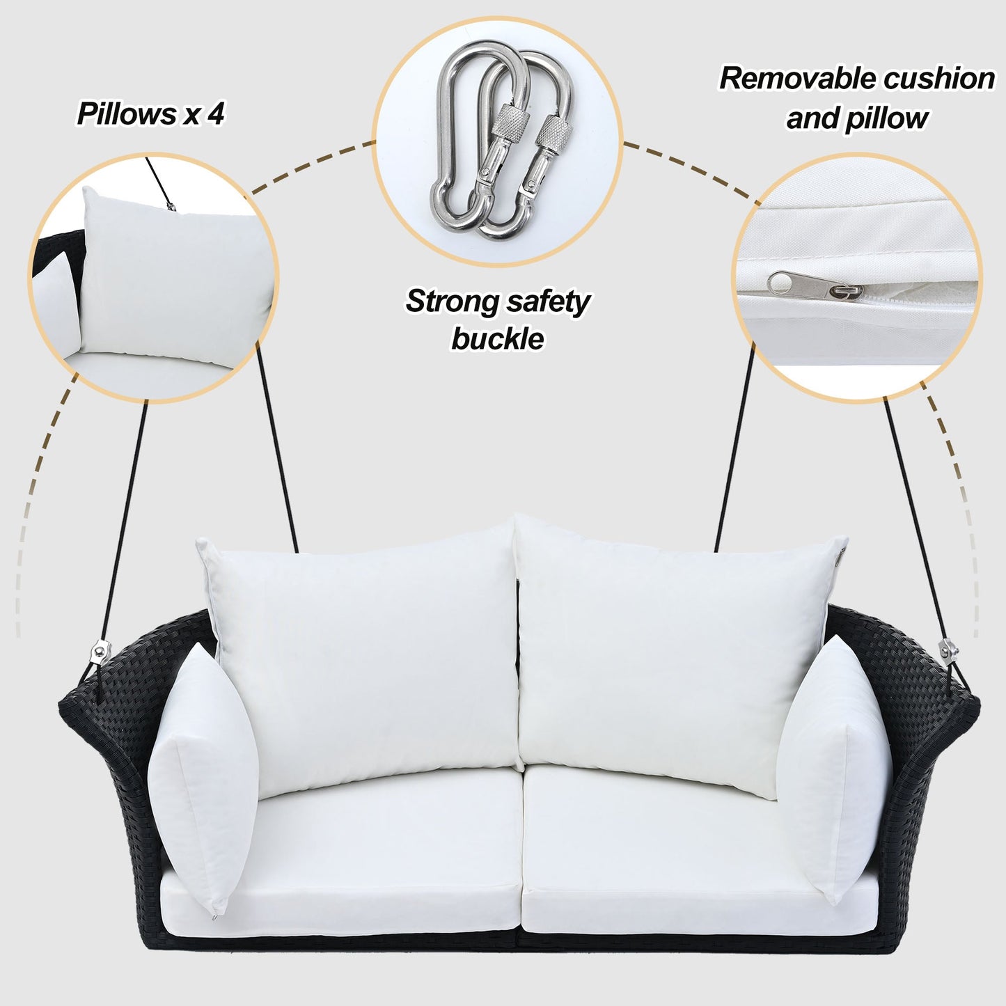 GO 51.9" 2‑Person Hanging Rattan Swing Chair – Black Wicker with White Cushions  Porch, Patio & Garden Seating