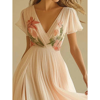 Floral Pleated Chiffon Maxi Dress – V-Neck Flutter Sleeve Beach & Wedding Guest Dress for Women