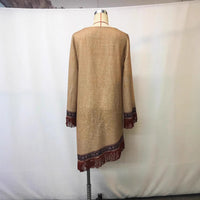 Retro Print Fringe Hem Dress – Boho Chic V-Neck Long Sleeve Asymmetrical Midi for Spring & Summer