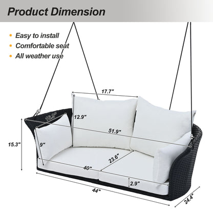 GO 51.9" 2‑Person Hanging Rattan Swing Chair – Black Wicker with White Cushions  Porch, Patio & Garden Seating