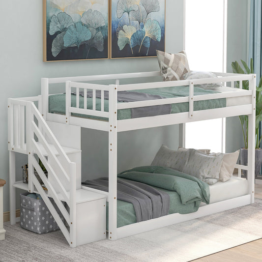 Twin Over Twin Floor Bunk Bed – White Finish, Built‑In Ladder & Storage Shelf  Space‑Saving Kids’ Room Solution