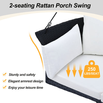 GO 51.9" 2‑Person Hanging Rattan Swing Chair – Black Wicker with White Cushions  Porch, Patio & Garden Seating