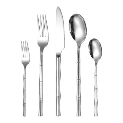 5‑Piece 304 Stainless Steel Tableware Set – Titanium Plated Knife, Forks & Spoons with Thickened Bamboo Handles  Western Dining Cutlery