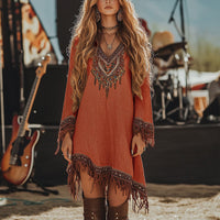 Retro Print Fringe Hem Dress – Boho Chic V-Neck Long Sleeve Asymmetrical Midi for Spring & Summer