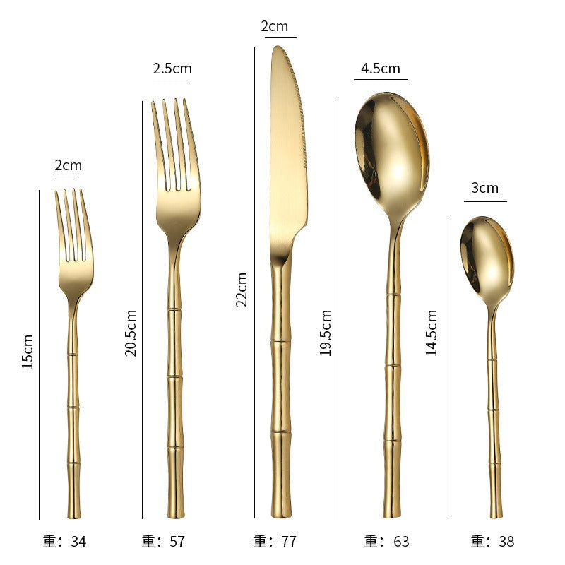 5‑Piece 304 Stainless Steel Tableware Set – Titanium Plated Knife, Forks & Spoons with Thickened Bamboo Handles  Western Dining Cutlery
