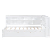 Twin Size Wooden Daybed with Trundle – White Finish, Built‑In Shelf & USB Charging Ports  Space‑Saving Guest & Kids’ Room Solution