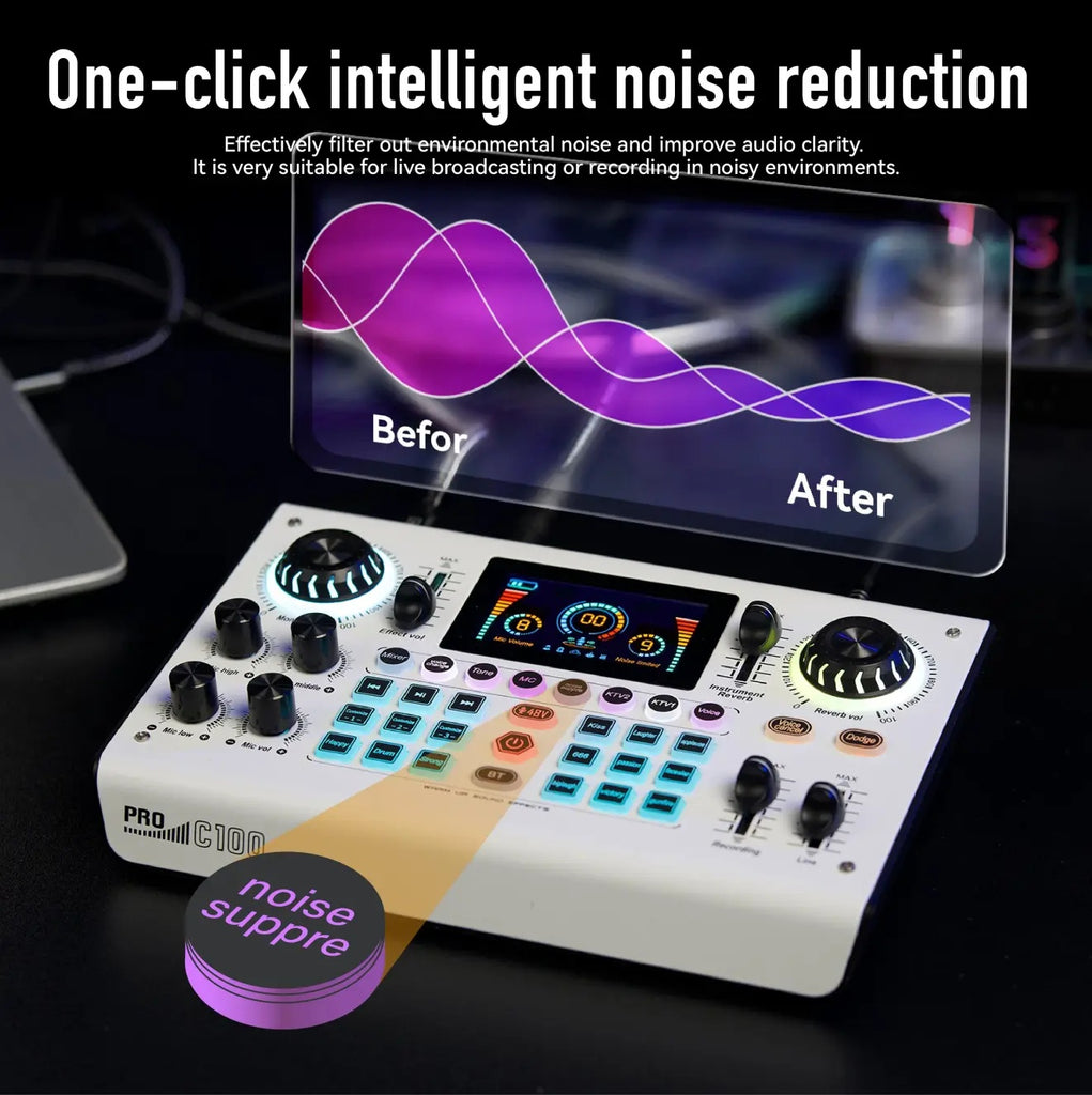C100Pro Digital Sound Card – Portable Audio Interface with Real‑Time Voice Changer, Dual DSP, Noise Reduction & Reverb Control