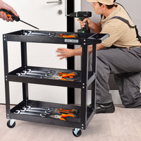 3‑Tier Tool Cart – Heavy‑Duty Steel Rolling Storage with Ball Bearing Drawer & Casters (Black)
